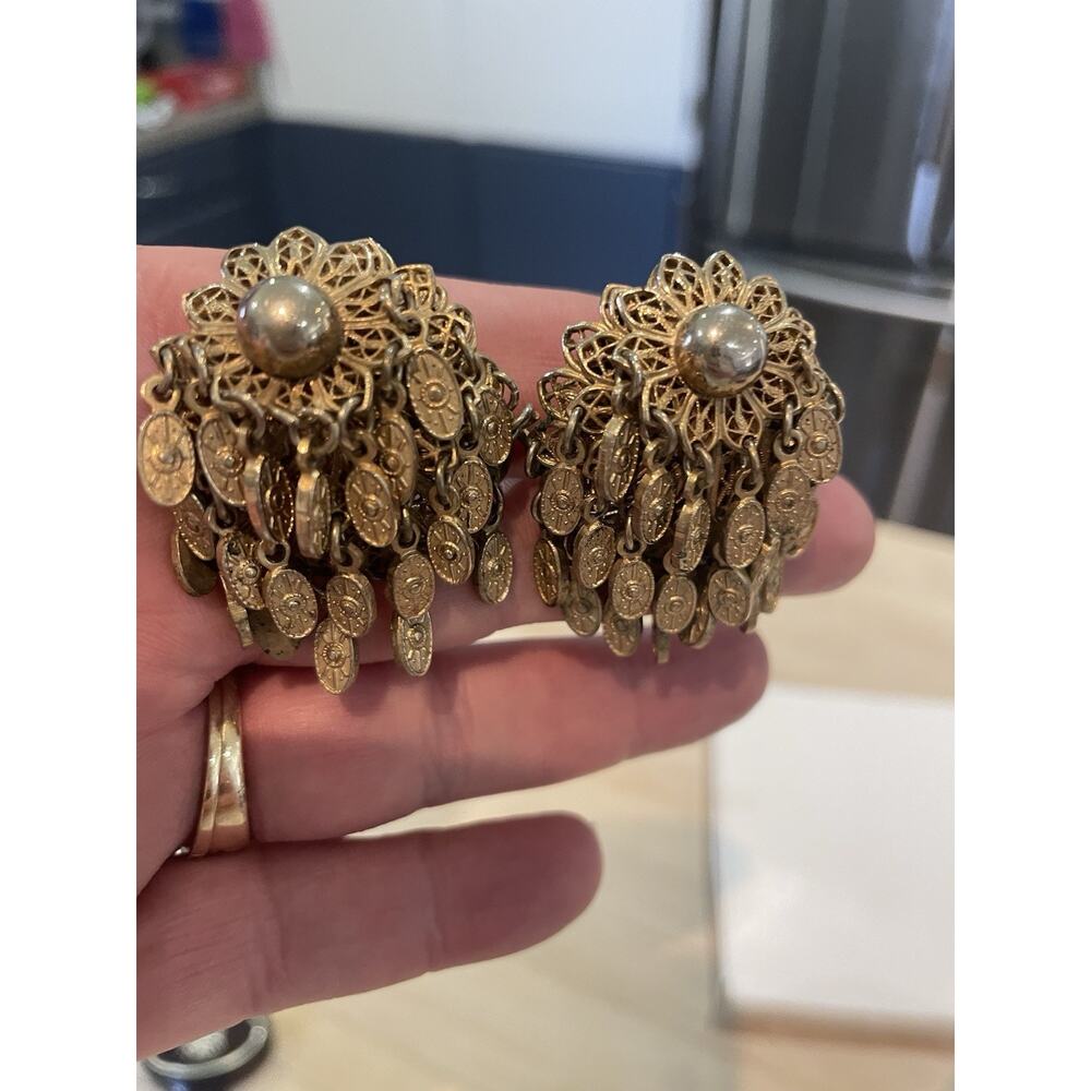 Antique Dangle Waterfall Clip On EARRINGS gold tone Gypsy Vtg Filigree Unsigned